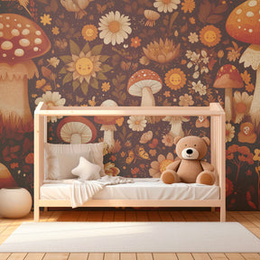 Floral mushroom mural wallpaper transforming children's playroom into enchanted forest space