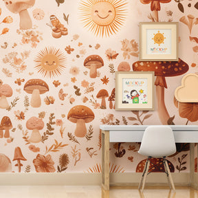 Cheerful mushroom and flower mural wallpaper installed in bright children's playroom setting