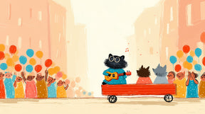 Detailed musical animals parade mural wallpaper design pattern with guitarist and balloons by Kids-Mundo