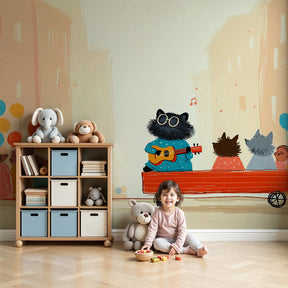 Musical animals mural wallpaper creating joyful nursery atmosphere with parade theme by Kids-Mundo