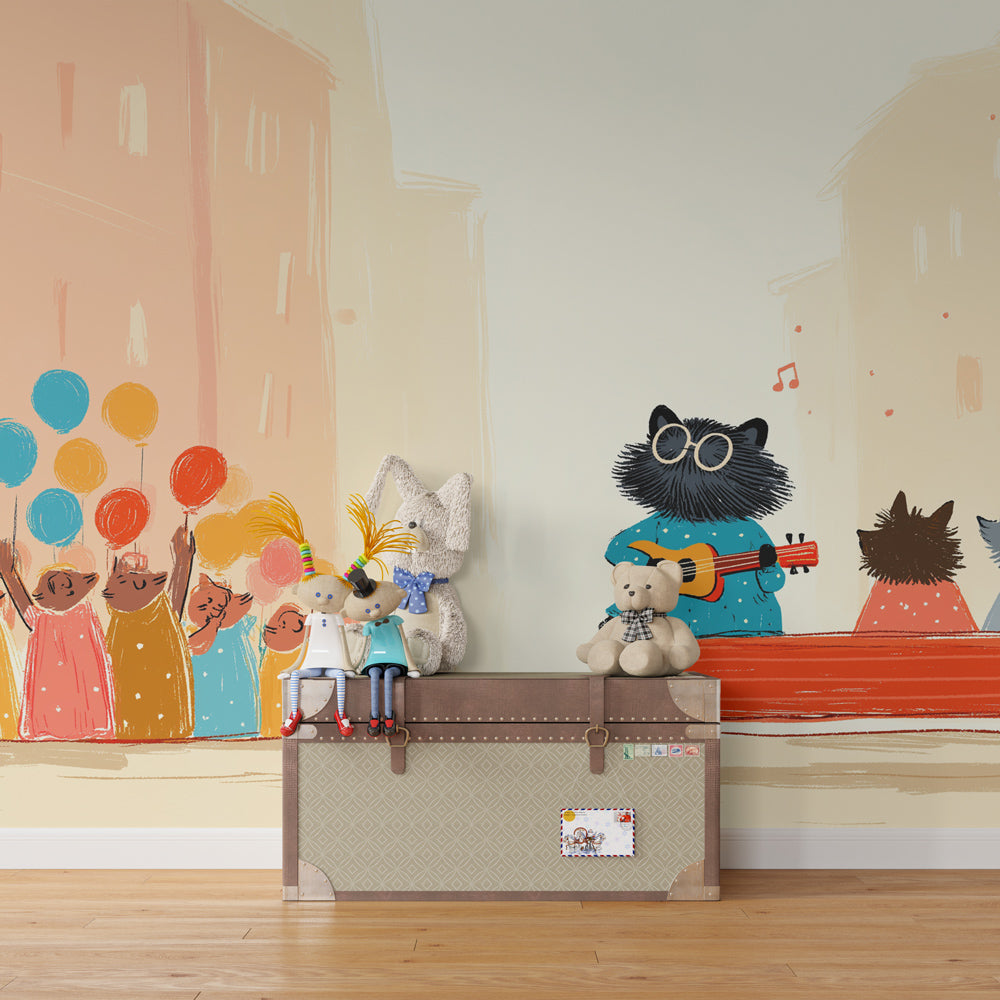 Animal musicians wallpaper creating warm welcoming atmosphere in toddler room by Kids-Mundo