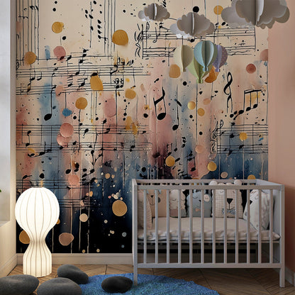 Musical notes wall mural by Kids-Mundo made to measure and hung as a feature wall in a kids bedroom.