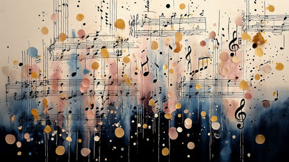 Flat watercolour artwork of the Kids-Mundo musical notes wall mural design with gold accents.
