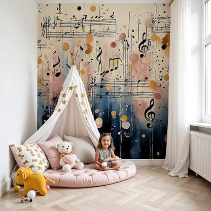 Kids-Mundo musical notes wall mural styled in a soft blush and gold nursery with watercolour details.