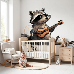 Musical raccoon mural wallpaper in bright nursery setting with natural decor by Kids-Mundo