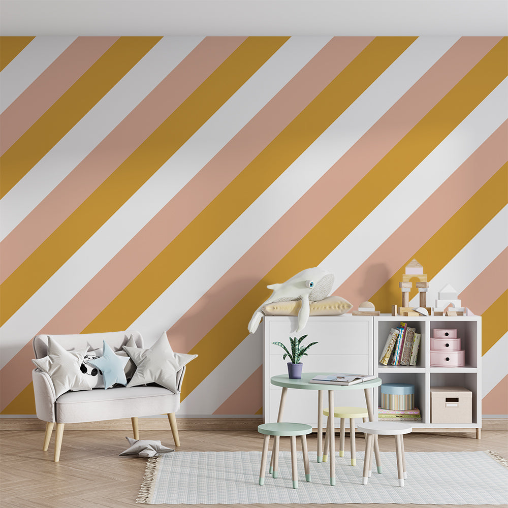 Kids-Mundo diagonal stripe wall mural styled on a kids bedroom feature wall