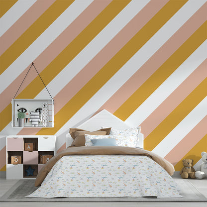 Kids-Mundo mustard and blush stripe wallpaper brightening a cheerful playroom