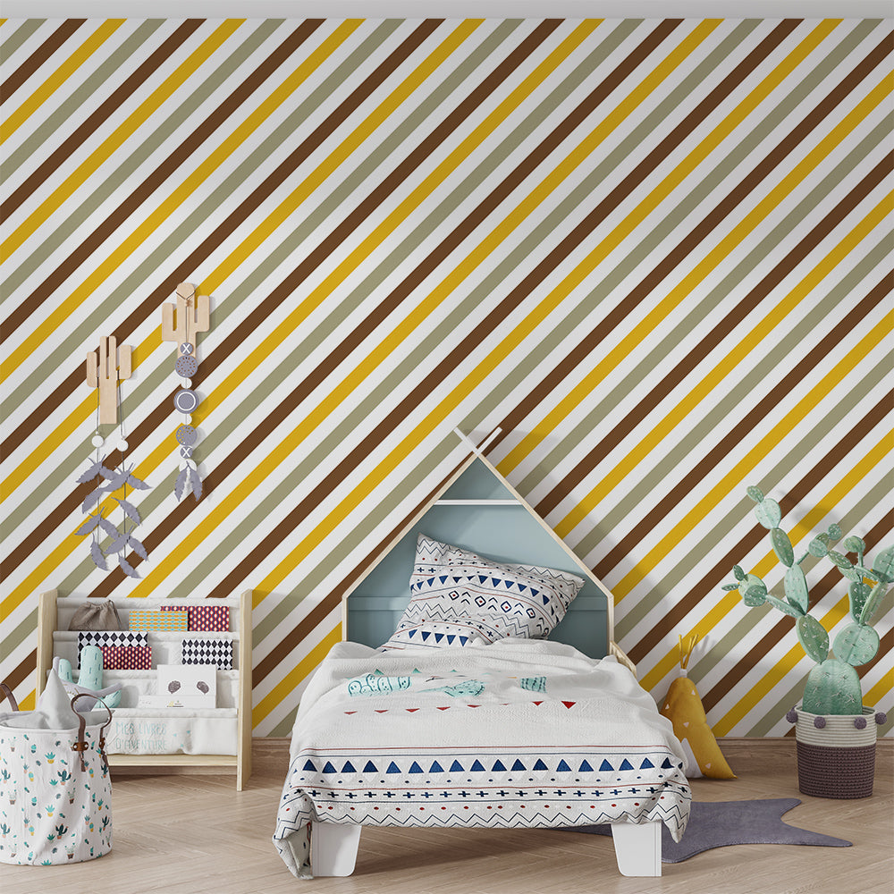 Kids-Mundo mustard, brown and sage pinstripe wall mural behind a bed in a kids bedroom.