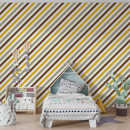 Kids-Mundo mustard, brown and sage pinstripe wall mural behind a bed in a kids bedroom.