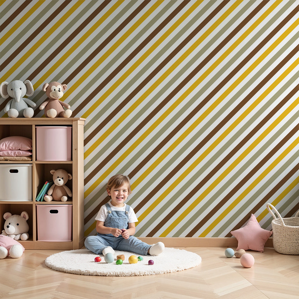 Kids-Mundo mustard and sage pinstripe wall mural styled above a cot in a warm nursery.