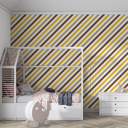Kids-Mundo fine pinstripe wall mural in mustard and sage brightening a children's playroom.