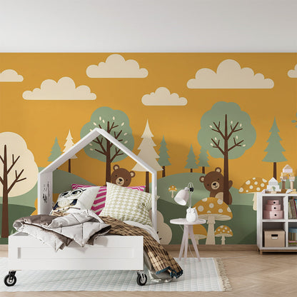 Kids-Mundo mustard woodland wall mural with fox and bear cubs in a child's bedroom
