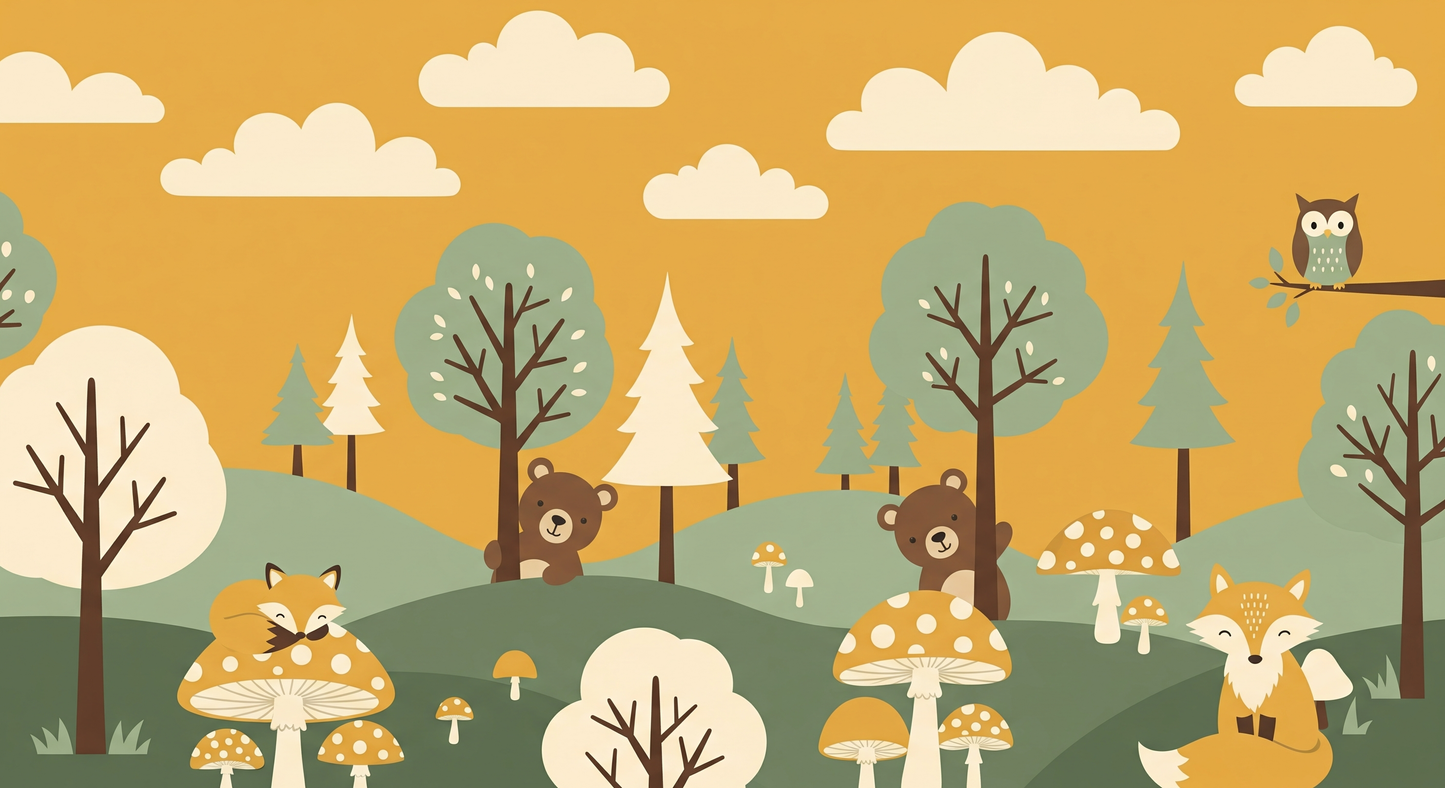 Kids-Mundo flat artwork of a mustard forest fox and mushroom wall mural design