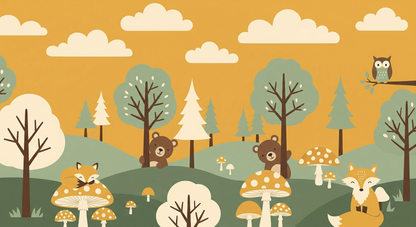 Kids-Mundo flat artwork of a mustard forest fox and mushroom wall mural design