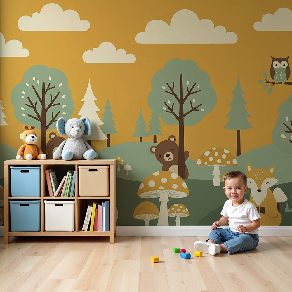 Kids-Mundo mustard forest fox and mushroom wall mural made to measure in a nursery