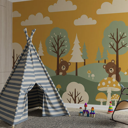 Kids-Mundo mustard forest mural with giant mushrooms styled in a playroom