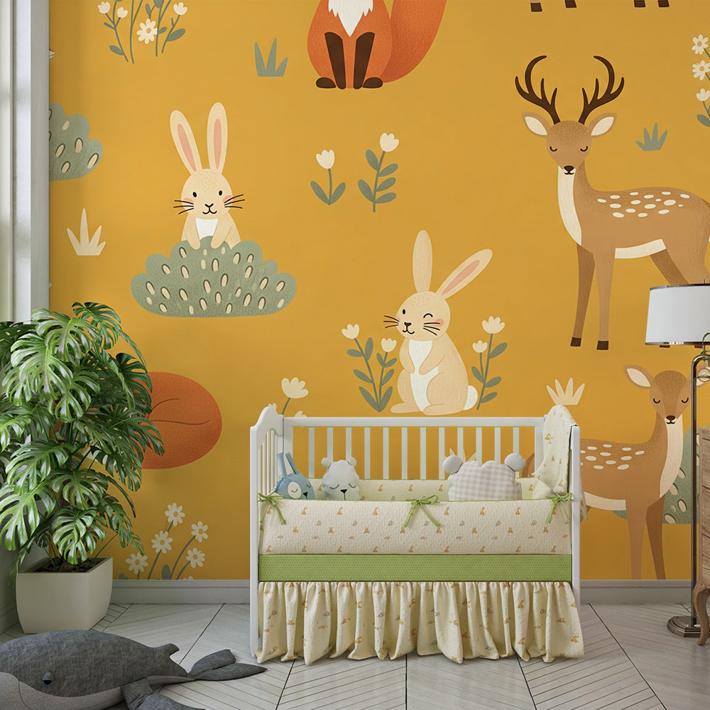 Kids-Mundo mustard yellow woodland pattern wall mural in a child's bedroom