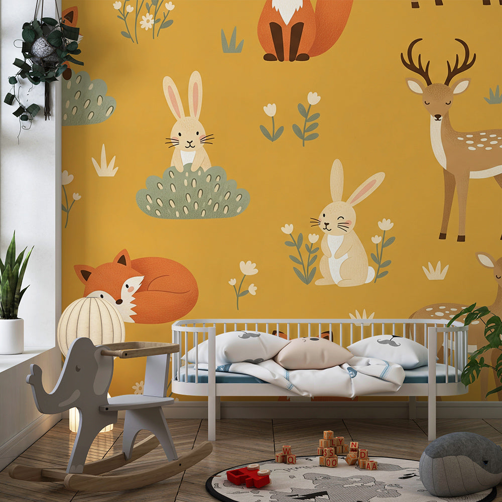 Kids-Mundo fox and deer pattern wall mural styled in a bright playroom