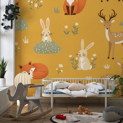 Kids-Mundo fox and deer pattern wall mural styled in a bright playroom