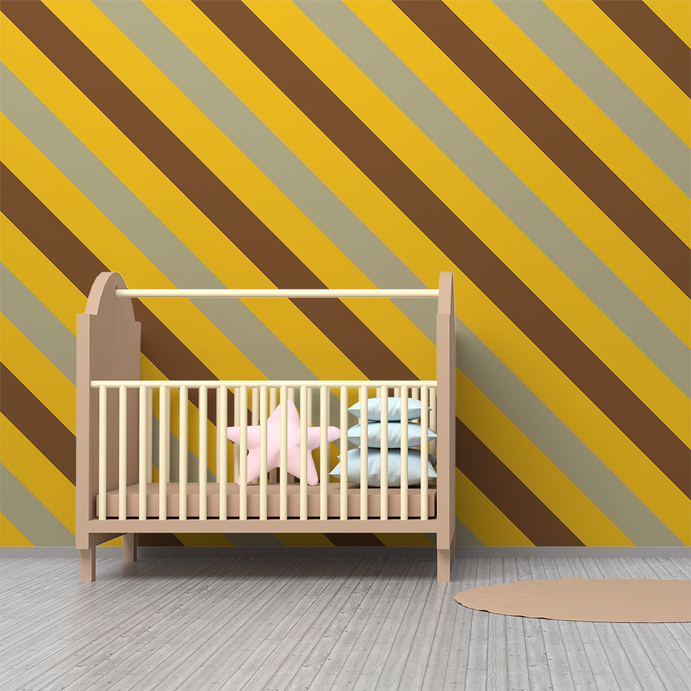 Kids-Mundo mustard, brown and sage stripe wall mural adding colour to a children's playroom.