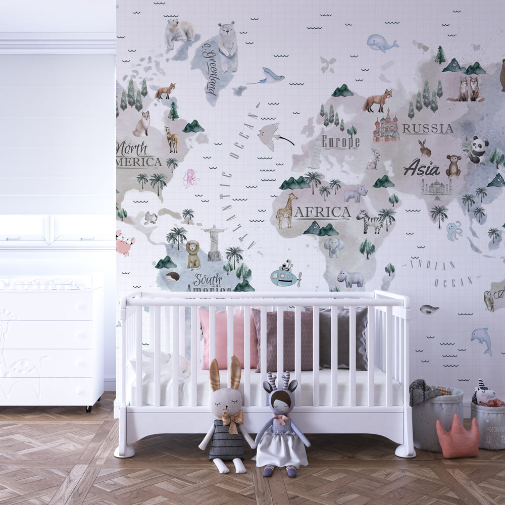 Kids-Mundo continents world map mural covering a kids bedroom wall with compass rose and painted animals