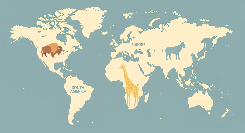 Kids-Mundo flat artwork of a blue-grey world map mural with bison, giraffe and horse