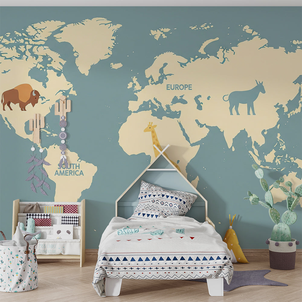 Kids-Mundo blue-grey world map wallpaper brightening a children's playroom wall