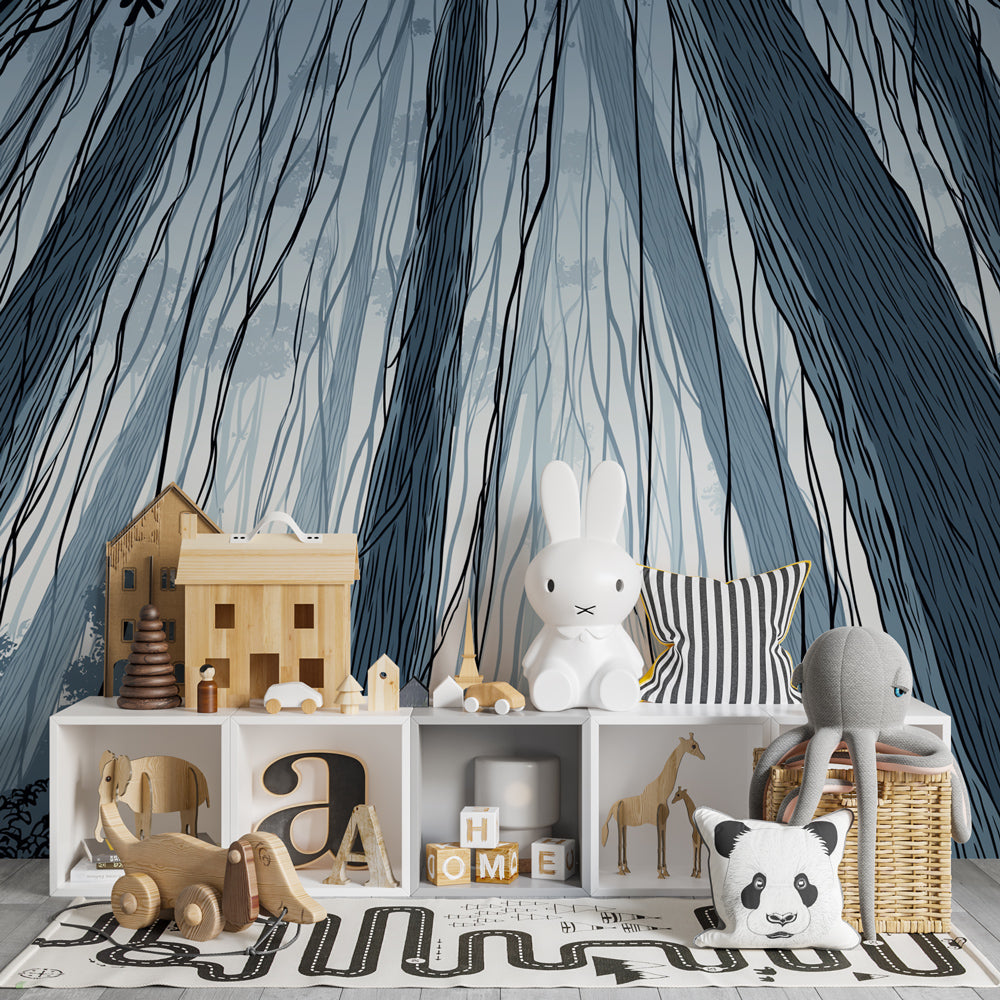 Forest themed kids room with mystical tree wallpaper and natural wood furniture