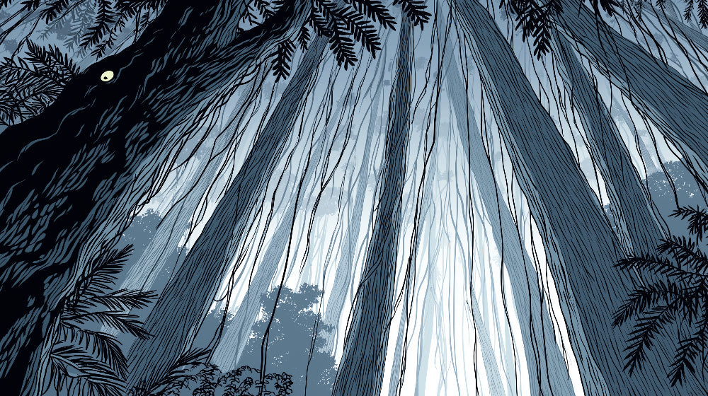 Detailed mystical forest mural wallpaper design pattern with blue and white trees by Kids-Mundo