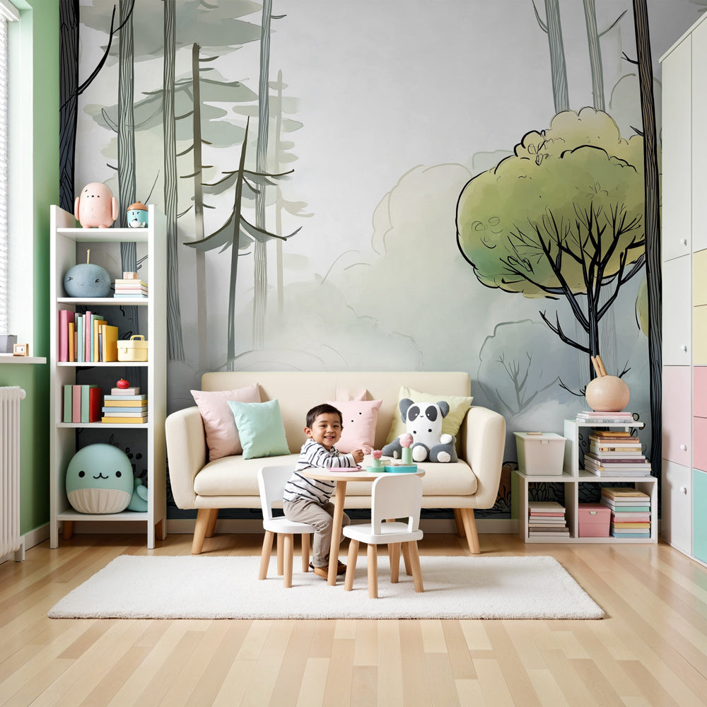 Mystical forest mural wallpaper in modern nursery with natural wood crib by Kids-Mundo