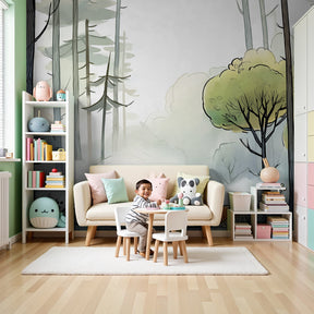 Mystical forest mural wallpaper in modern nursery with natural wood crib by Kids-Mundo