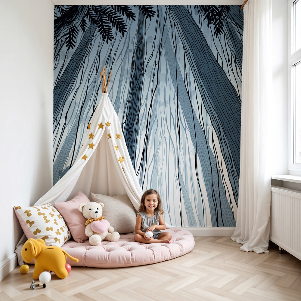 Mystical forest mural wallpaper with blue and white trees in modern nursery by Kids-Mundo