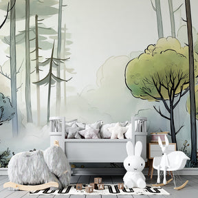 Forest themed mural wallpaper transforming kids playroom into enchanted woodland space