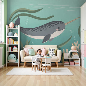 Narwal ocean mural wallpaper creating magical underwater nursery decor by Kids-Mundo