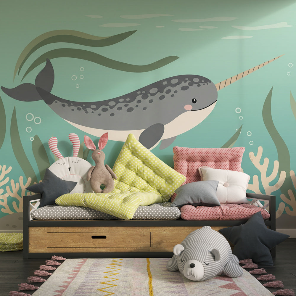 Ocean-themed narwal mural wallpaper for children's playroom with coral and seaweed