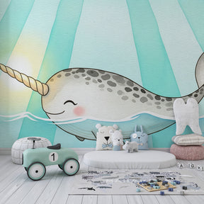 Underwater narwhal wallpaper transforming baby bedroom into magical ocean sanctuary