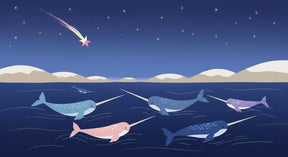 Detailed narwhal mural wallpaper design pattern showing colorful Arctic creatures in starry waters by Kids-Mundo
