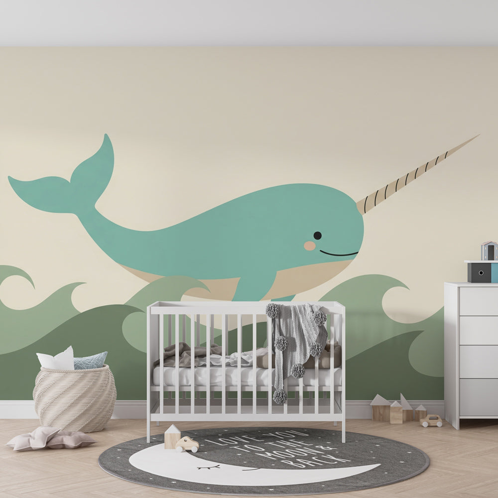 Ocean waves narwhal wallpaper creating peaceful marine atmosphere in children's bedroom
