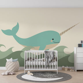 Ocean waves narwhal wallpaper creating peaceful marine atmosphere in children's bedroom