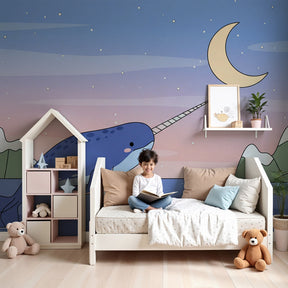 Narwhal mural wallpaper creating magical ocean nursery decor with moonlit scene by Kids-Mundo