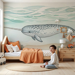 Narwhal mural wallpaper creating serene ocean atmosphere in modern kids nursery by Kids-Mundo