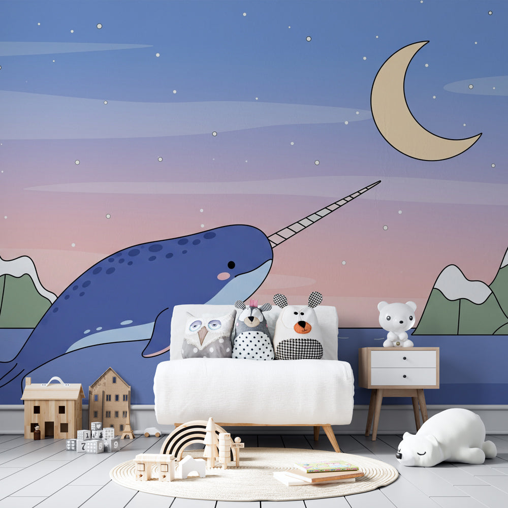 Moonlit narwhal mural wallpaper for kids playroom featuring jumping whale under stars