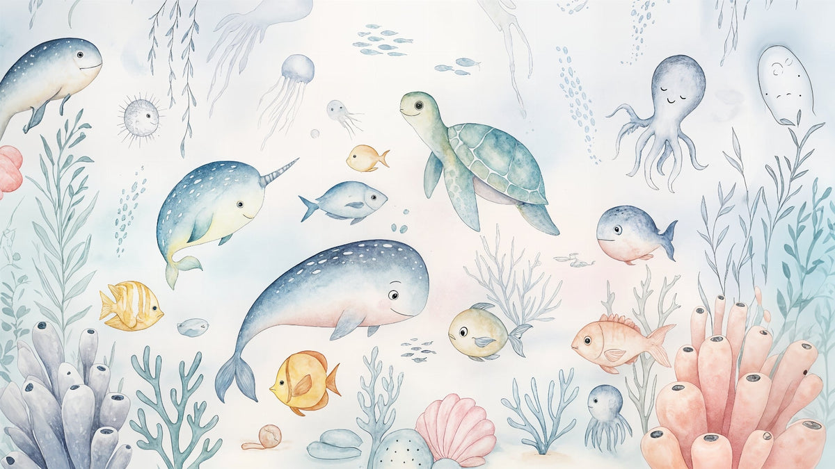 Narwhal and Ocean Friends Watercolour Wall Mural
