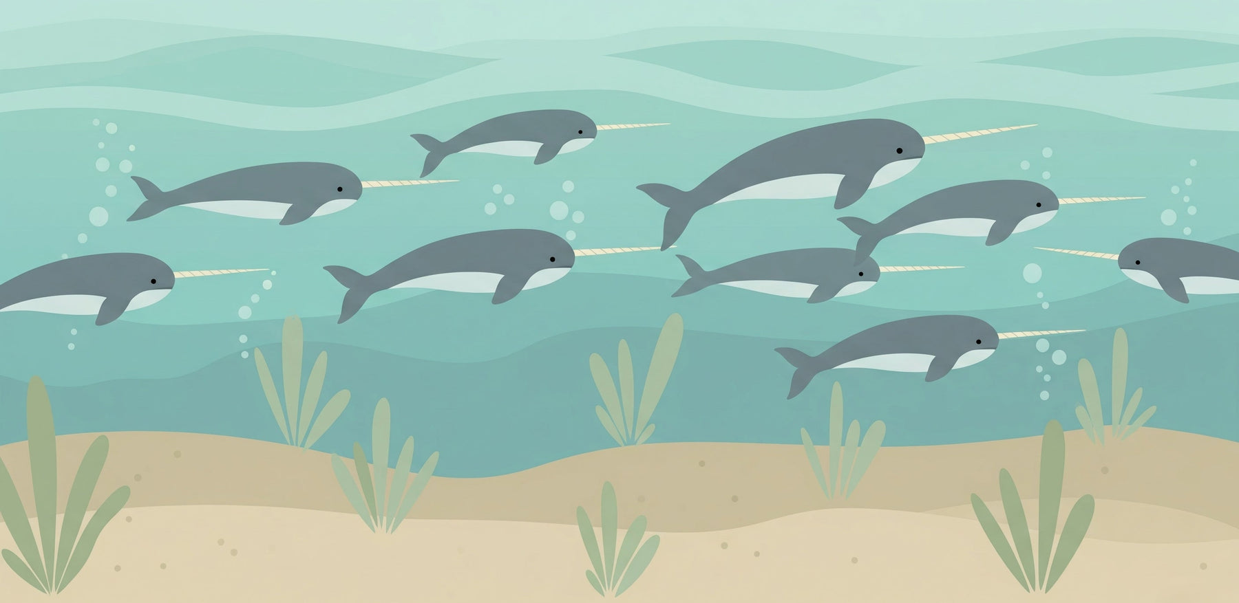 Detailed narwhal ocean mural wallpaper design pattern showing swimming narwhals and sea grass by Kids-Mundo