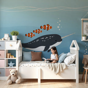 Narwhal ocean mural wallpaper in modern baby nursery with light wood crib by Kids-Mundo