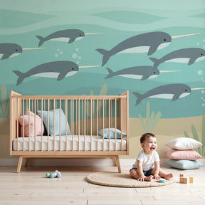 Narwhal ocean mural wallpaper creating peaceful underwater nursery with soft blue tones by Kids-Mundo