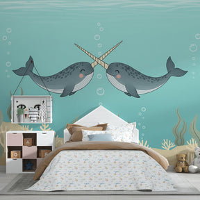 Ocean themed narwhal wallpaper with coral and bubbles for toddler room by Kids-Mundo