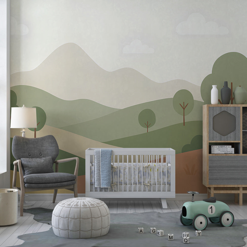 Soft green hills mural wallpaper in modern children's bedroom setting by Kids-Mundo