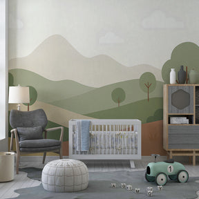 Soft green hills mural wallpaper in modern children's bedroom setting by Kids-Mundo