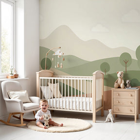 Nature landscape mural wallpaper with green hills creating peaceful nursery decor by Kids-Mundo